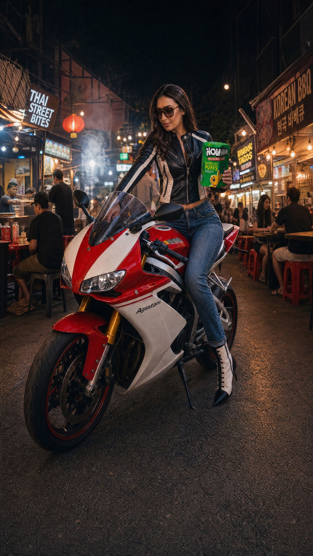 NOMMM founder on a sport bike holding the green Water Lily Puffs pack in a Thai street-food market