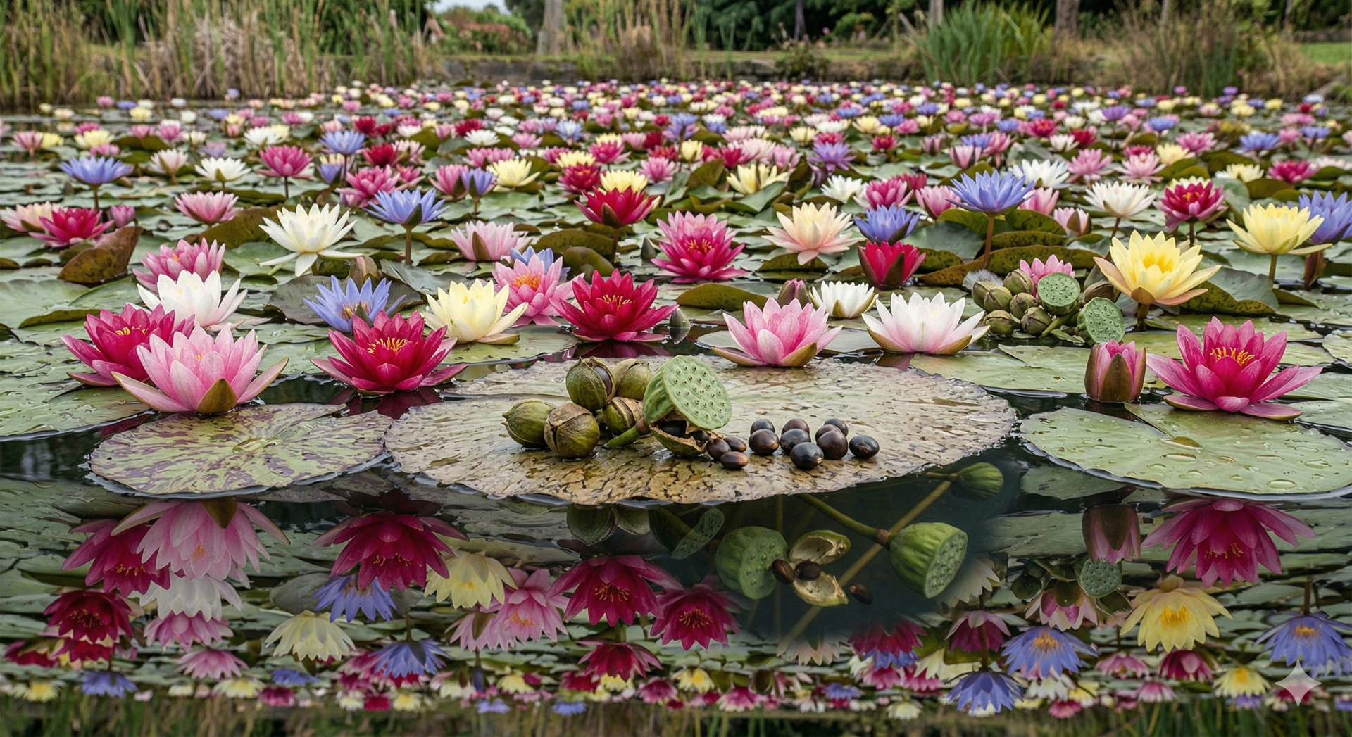 Water lily pond at golden hour