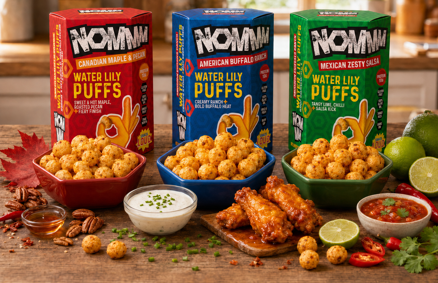 NOMMM Water Lily Puffs, three flavours with dips, wings and toppings