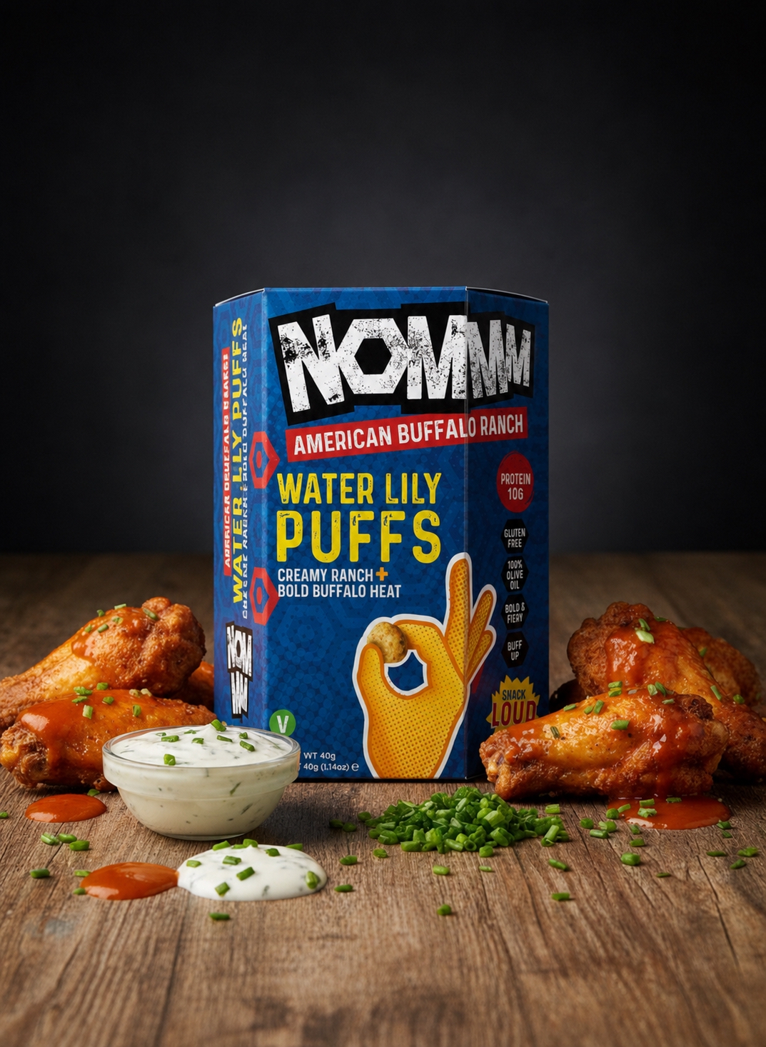 NOMMM American Buffalo Ranch water lily puffs pack with buffalo wings, ranch dip, and chives.