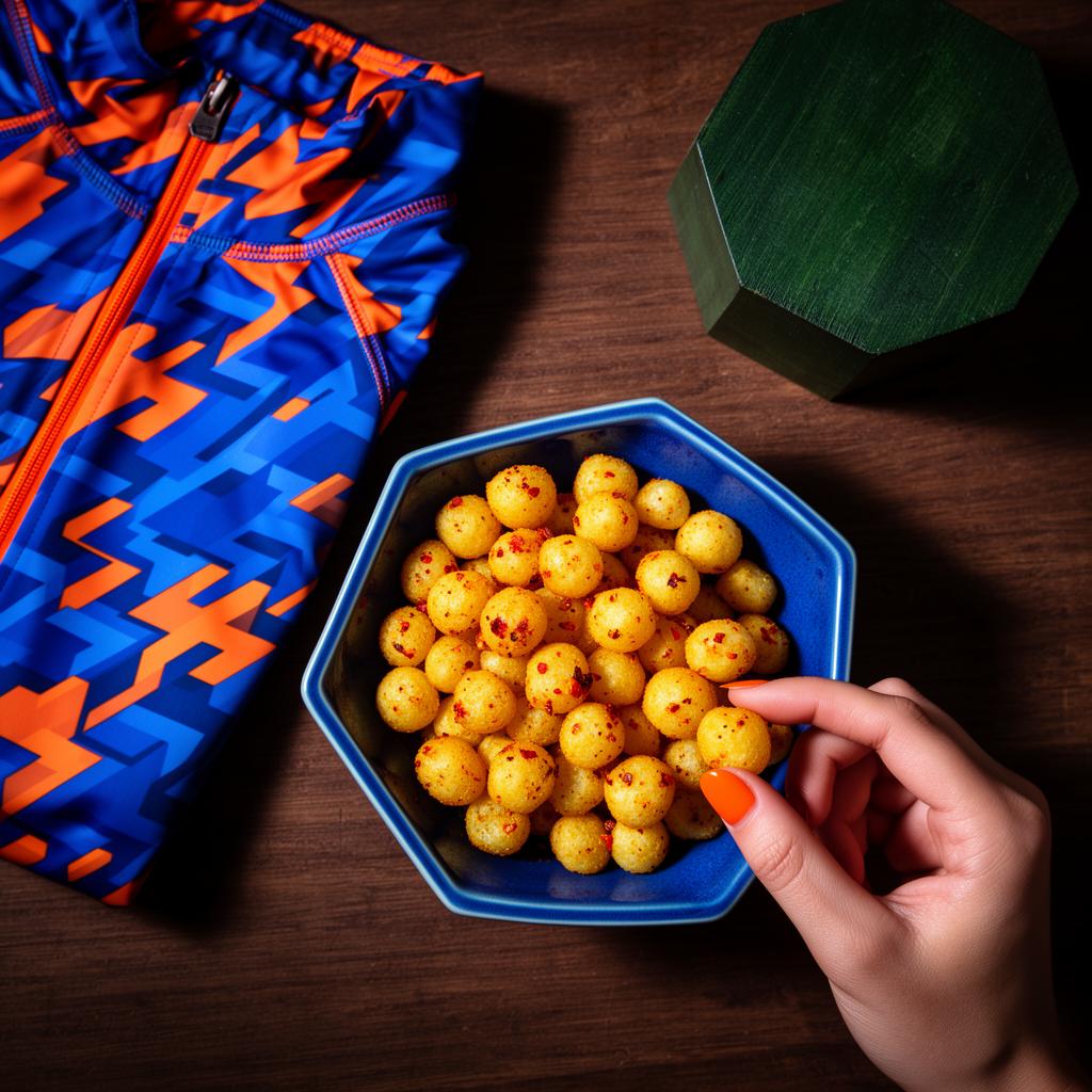 Blue hexagon bowl filled with seasoned NOMMM water lily puffs